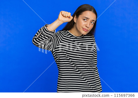 Confused Caucasian woman knocking door gesture asking who is at home feeling embarrassed no idea Confused Caucasian woman knocking door gesture asking who is at home feeling embarrassed no idea 115697366