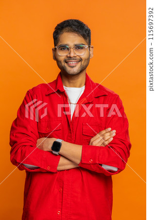 Happy lovely smiling young man looking at camera dreaming, resting, good news, feel satisfied 115697392