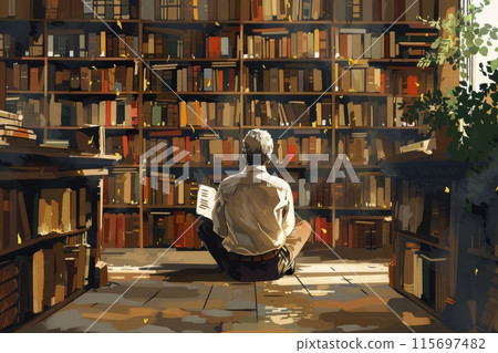 Person reading in a large library 115697482