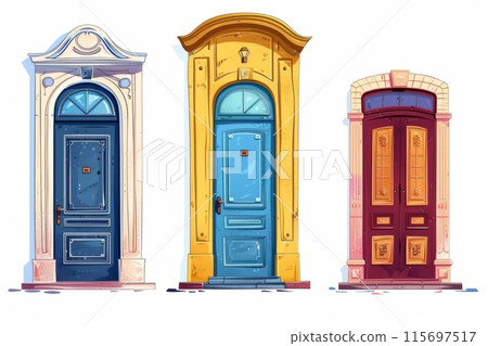 Illustration of three uniquely designed doors 115697517