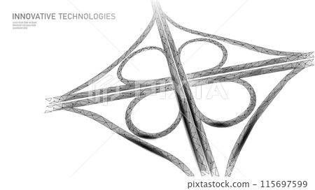 3D road junction transport system, intersection of two roads. Expressway cross night. Polygonal low poly lines glowing vector illustration background 115697599