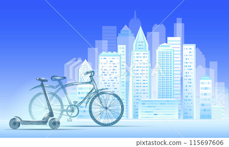 Electric scooter low poly design. Eco micromobility transport last-mile problem solution. Pick up scooter-sharing rental system. E-scooter urban mobility vector illustration 115697606