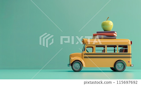 yellow school bus with a stack of books and a green apple on top sits against a teal background 115697692