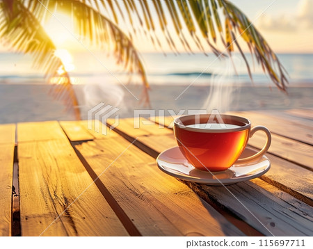 A steaming cup of tea on a wooden table overlooking a serene beach at sunset, with palm leaves 115697711