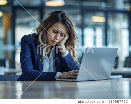 A businesswoman looking stressed and frustrated sits at a desk with her hand on her head 115697712