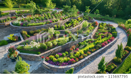 Scenic view of terraced home garden with stone retaining walls, landscape design of luxury house backyard. Beautiful flowers at back yard. Concept of landscaping, nature 115697795