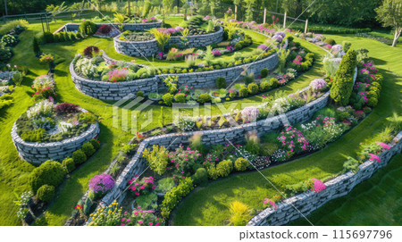 Scenic view of terraced home garden with stone retaining walls, landscape design of luxury house back yard. Beautiful flowers at backyard. Concept of landscaping, plants 115697796