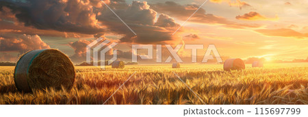 Panoramic view of hay bales at farm on golden agriculture field, wheat haystacks at sunset in summer. Landscape with straw stacks, yellow rolls. Concept of countryside, pasture 115697799