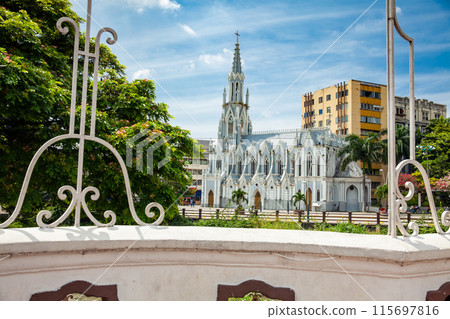 View from the historic Ortiz Bridge of the beautiful La Ermita church built on a gothic style on the city of Cali in Colombia. View from the historic Ortiz Bridge of the beautiful La Ermita church built on a gothic style on the city of Cali in Colombia. 115697816