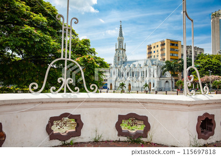 View from the historic Ortiz Bridge of the beautiful La Ermita church built on a gothic style on the city of Cali in Colombia. View from the historic Ortiz Bridge of the beautiful La Ermita church built on a gothic style on the city of Cali in Colombia. 115697818