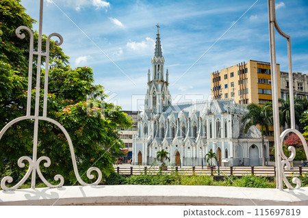 View from the historic Ortiz Bridge of the beautiful La Ermita church built on a gothic style on the city of Cali in Colombia. View from the historic Ortiz Bridge of the beautiful La Ermita church built on a gothic style on the city of Cali in Colombia. 115697819