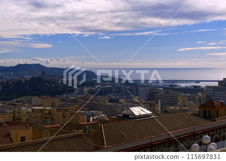aerial overview of the gulf of Cagliari, Italy. 115697831
