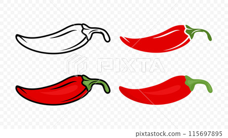 Cartoon Red Hot Chili Pepper Icon Set Closeup, Isolated. Hand Drawn Spicy Chili Pepper, Vector Illustration Cartoon Red Hot Chili Pepper Icon Set Closeup, Isolated. Hand Drawn Spicy Chili Pepper, Vector Illustration 115697895