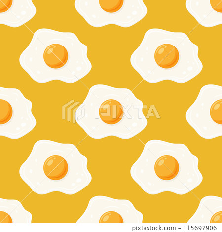 Vector Seamless Pattern with Fried Egg, Sunny-Side-Up on Yellow Background. Healthy Breakfast, Protein Food Print Vector Seamless Pattern with Fried Egg, Sunny-Side-Up on Yellow Background. Healthy Breakfast, Protein Food Print 115697906