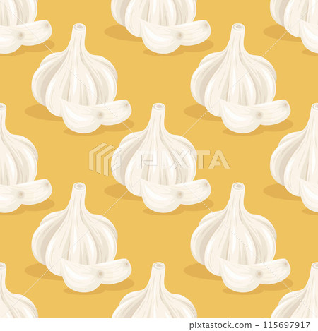 Vector Seamless Pattern with Hand Drawn Garlic Bulb and Cloves Closeup on Yellow Background. Vegetable Illustration. Whole Garlic Head and Peeled Garlic Cloves in Flat Style Vector Seamless Pattern with Hand Drawn Garlic Bulb and Cloves Closeup on Yellow Background. Vegetable Illustration. Whole Garlic Head and Peeled Garlic Cloves in Flat Style 115697917