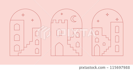 Arabic window landscape, view to city. Modern Ramadan Mubarak colorful arch designs. Arabic window landscape, view to city. Modern Ramadan Mubarak colorful arch designs. 115697988