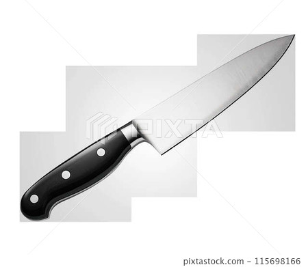 Stainless steel chef knife with a black handle, reflecting light on a transparent background, png. 115698166