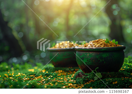 Two green bowls overflowing with shiny gold coins, symbolizing wealth and prosperity on St. Patricks Day Two green bowls overflowing with shiny gold coins, symbolizing wealth and prosperity on St. Patricks Day 115698167
