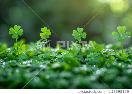 A cluster of small green plants with water droplets on them, resembling a mini forest after rainfall St. Patricks Day 115698169