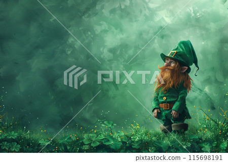 A painting featuring a leprechaun standing in a field on St. Patricks Day 115698191