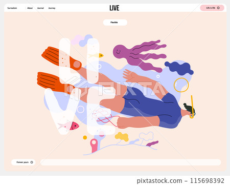 Life Unframed: Diver -modern flat vector concept illustration of a man swimming under the sea. Metaphor of unpredictability, imagination, whimsy, cycle of existence, play, growth and discovery 115698392