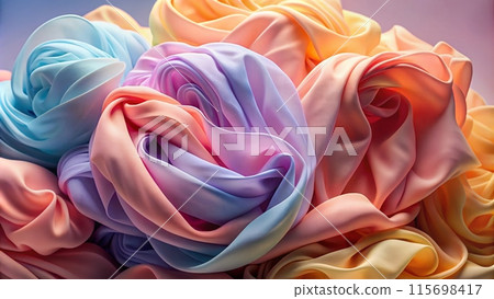 Pastel fabric-inspired background, soft purple, cool blue to warm pink, rich orange and yellow, textured pink, dreamy, generative ai 115698417