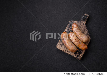 Baked chicken or pork sausages, salt, spices and herbs 115698680