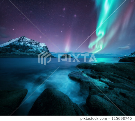 Aurora borealis over the sea, snowy mountains at starry night 115698740