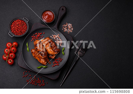 Delicious chicken fillet sliced and baked with teriyaki sauce Delicious chicken fillet sliced and baked with teriyaki sauce 115698808