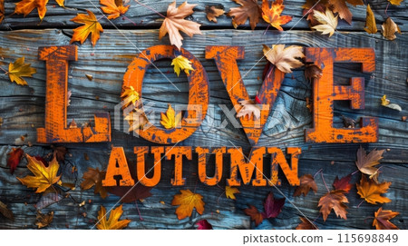 Wooden sign with word LOVE and AUTUMN, orange letters surrounded by colorful fallen leaves Wooden sign with word LOVE and AUTUMN, orange letters surrounded by colorful fallen leaves 115698849