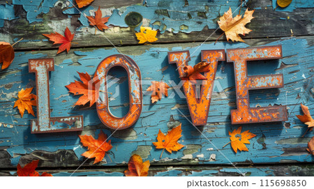 LOVE sign with orange and yellow fall leaves around, set against a backdrop of weathered blue wood 115698850