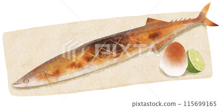 鹽烤箭魚放在盤子上（配有磨碎的蘿蔔和酸橘），帶有水彩的味道 115699165