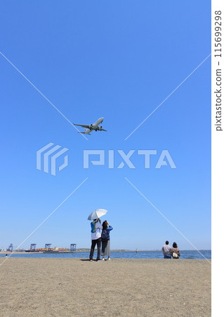 人們觀看一架客機從頭頂飛過;一架客機即將降落; 人們觀看一架客機從頭頂飛過;一架客機即將降落; 115699298