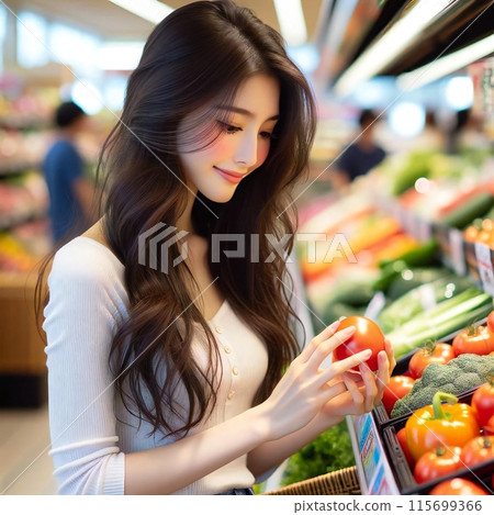 A beautiful long-haired Japanese woman choosing vegetables at a supermarket. A beautiful long-haired Japanese woman choosing vegetables at a supermarket. 115699366