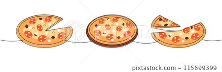 Fresh pizza one line colored continuous drawing. Traditional italian fast food continuous one line illustration. Fresh pizza one line colored continuous drawing. Traditional italian fast food continuous one line illustration. 115699399