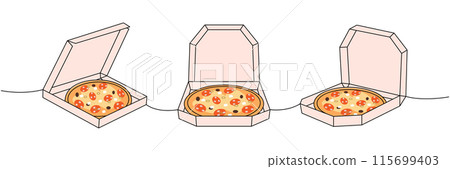 Italian pizza in boxes one line colored continuous drawing. Traditional italian fast food continuous one line illustration. Italian pizza in boxes one line colored continuous drawing. Traditional italian fast food continuous one line illustration. 115699403