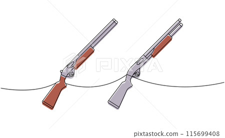 Set of smoothbore guns one line colored continuous drawing. Various modern weapons continuous one line illustration. Vector linear illustration. 115699408