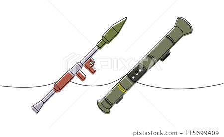 Set of anti-tank grenade launchers one line colored continuous drawing. Various modern weapons continuous one line illustration. Vector illustration. Set of anti-tank grenade launchers one line colored continuous drawing. Various modern weapons continuous one line illustration. Vector illustration. 115699409