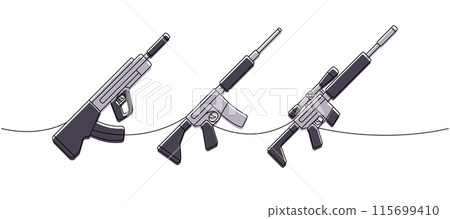 Tactical assault rifles set one line colored continuous drawing. Various modern weapons continuous one line illustration. Vector linear illustration. 115699410