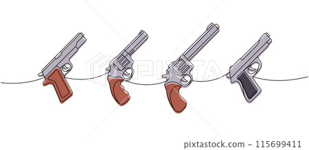 Set of revolvers, pistols one line colored continuous drawing. Various modern weapons continuous one line illustration. Vector linear illustration. Set of revolvers, pistols one line colored continuous drawing. Various modern weapons continuous one line illustration. Vector linear illustration. 115699411