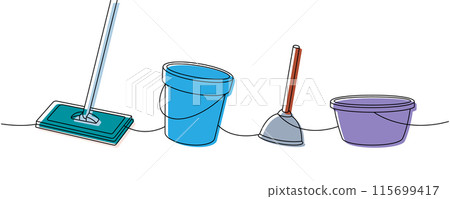 Housekeeping set one line colored continuous drawing. Floor mop, bucket, toilet plunger, plastic basin continuous one line illustration. Housekeeping set one line colored continuous drawing. Floor mop, bucket, toilet plunger, plastic basin continuous one line illustration. 115699417