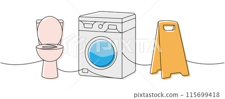 Cleaning service tools one line colored continuous drawing. Toilet bowl, washing machine, accident prevention sign continuous one line illustration. 115699418