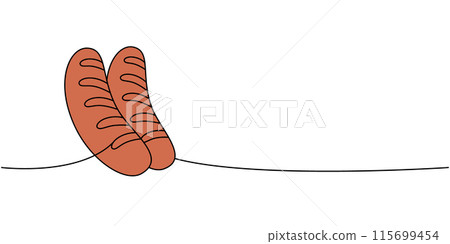 German fried sausages one line colored continuous drawing. Beer pub products continuous one line illustration. Vector linear illustration. 115699454