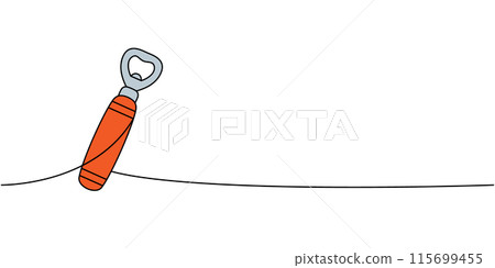 Bottle opener one line colored continuous drawing. Beer pub products continuous one line illustration. Vector linear illustration. 115699455