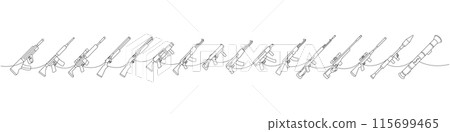 Weapons one line continuous drawing. Tactical assault rifles, smoothbore guns, AK 47, sniper rifles, anti-tank grenade launchers 115699465