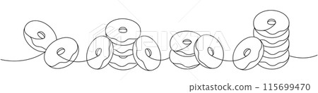 Delicious doughnuts. Take away donuts one line continuous drawing. Bakery sweet pastry food. Vector linear illustration. 115699470