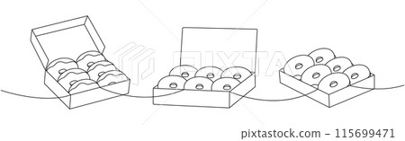 Box donuts one line continuous drawing. Bakery sweet pastry food. Vector linear illustration. 115699471