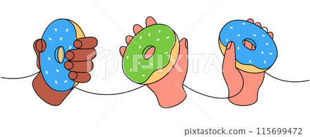 Hands holding donuts one line colored continuous drawing. Bakery sweet pastry food. Vector linear illustration. 115699472