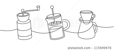 Coffee set one line continuous drawing. Small grinder, French press, coffee maker with paper filter continuous one line illustration. Coffee set one line continuous drawing. Small grinder, French press, coffee maker with paper filter continuous one line illustration. 115699478