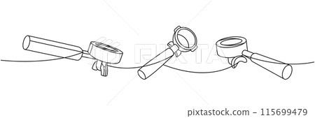 Portafilters for coffee machines one line continuous drawing. Hand drawn elements for cafe menu, coffee shop. Vector linear illustration. 115699479